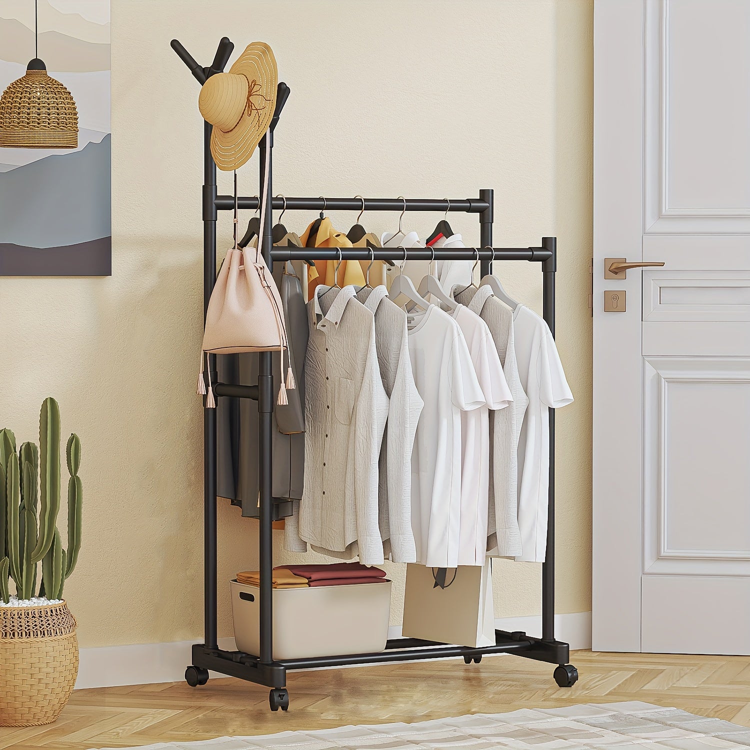 Double pole Coat Rack With Pulley 2 layer Clothes Rack Floor standing Coat Rack