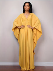 Boho Cover Up Women's Solid Batwing Sleeve V Neck Maxi Beach Cover Up