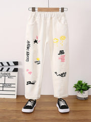 Girls Cartoon Pattern Denim Jeans Elastic Waistband Kids Clothes