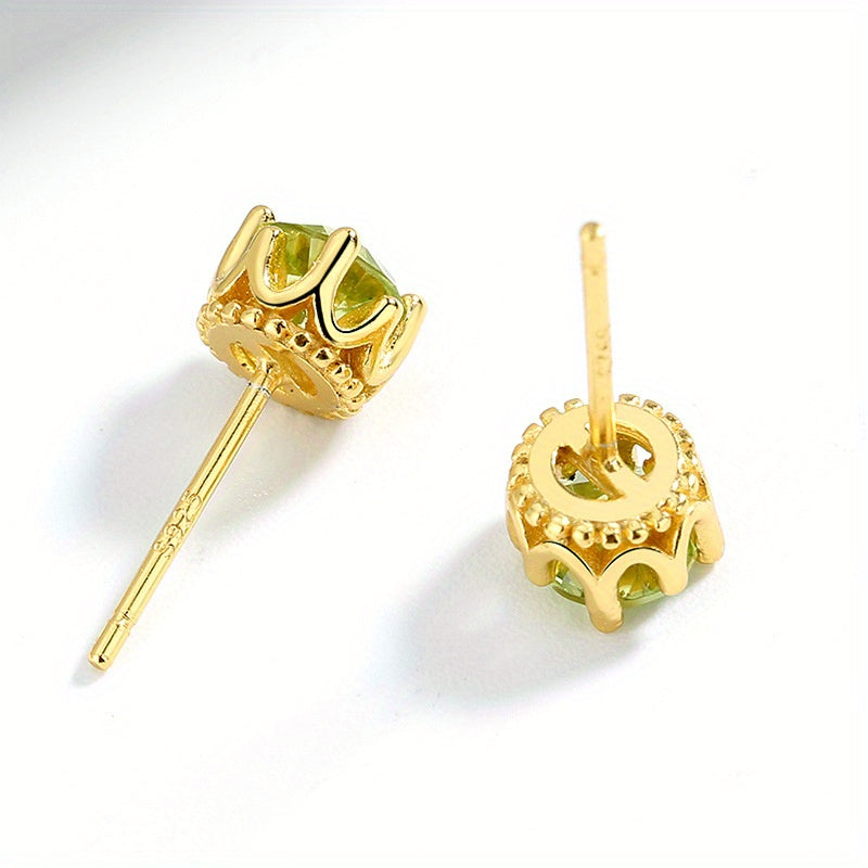 Olive Stone Stud Earrings 925 Silver Green Crystal Ear Jewelry