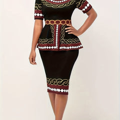 Geometric Print Round Neck Midi Dress