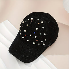Faux Pearl Decor Baseball Cap Rhinestone Corduroy Sun Hat Lightweight