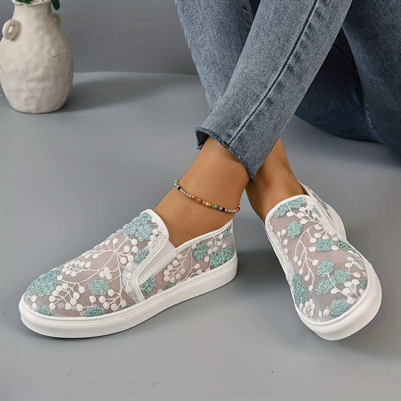 Women's Floral Embroidered Slip On Mesh Sneakers