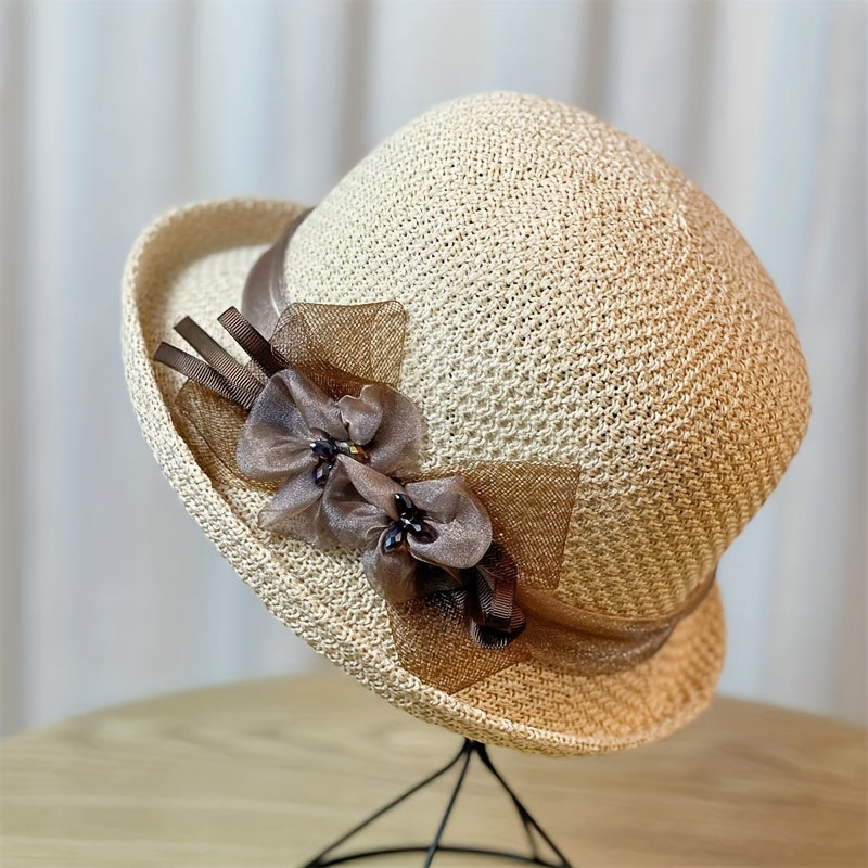Beige Crochet Bucket Hat Rolled Brim Flower Decor Sunshade Fisherman Cap