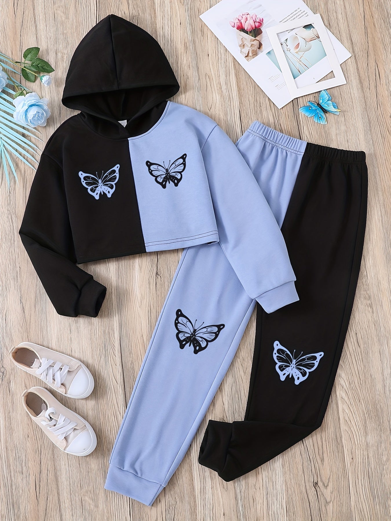 Girls Butterfly Print Hoodie & Sweatpants Set