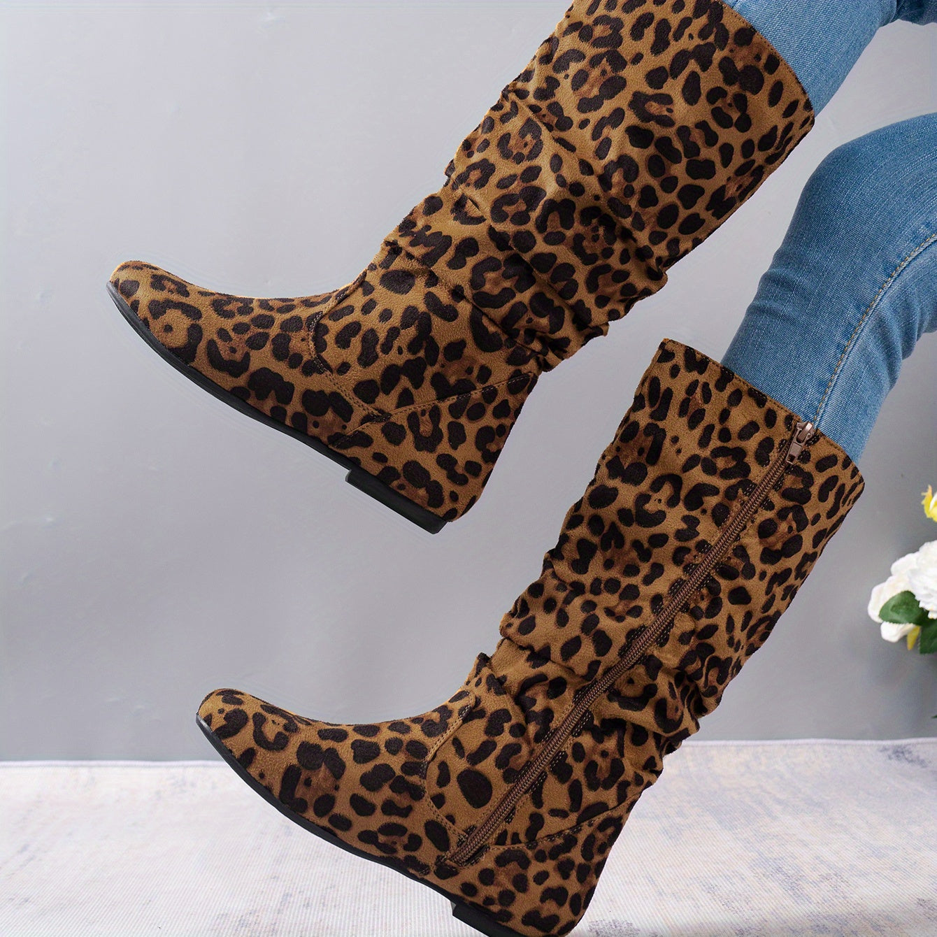 Leopard Print Slouch Boots Round Toe Side Zipper Flat Comfy Riding Boots