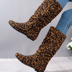 Leopard Print Slouch Boots Round Toe Side Zipper Flat Comfy Riding Boots
