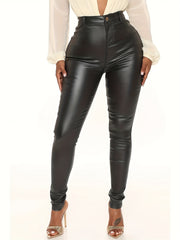 Faux Leather Look Denim Fabrics Stacked Jeans High Rise Tight Fit