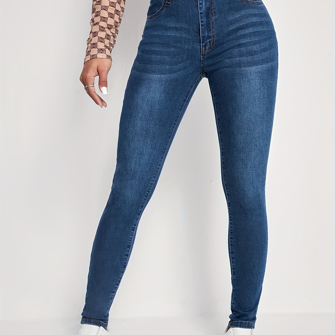 Whiskering Dark Wash Skinny Jeans Water Ripple Embossed Denim Pants