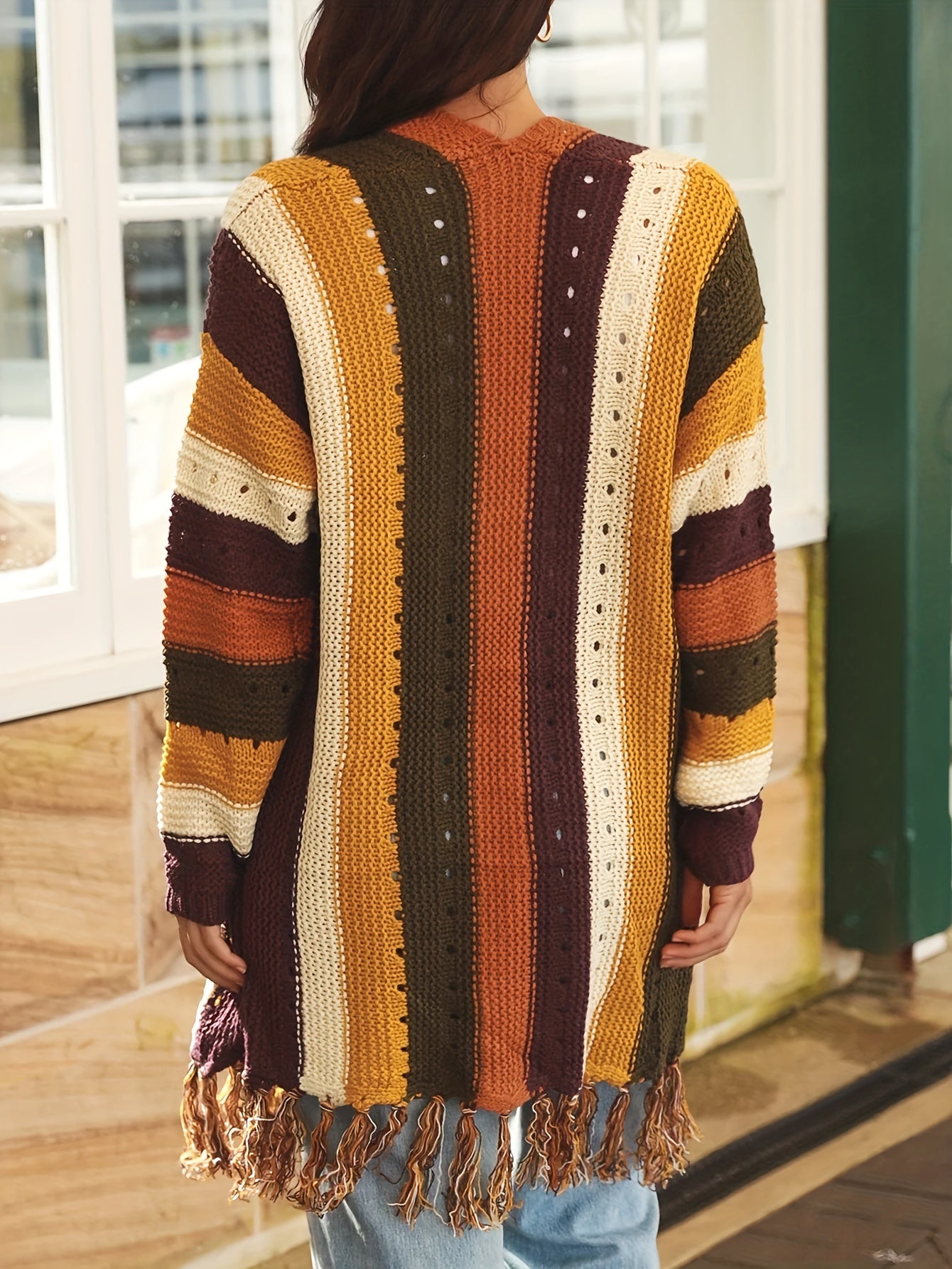 Colorblock Pointelle Tassel Trim Cardigan