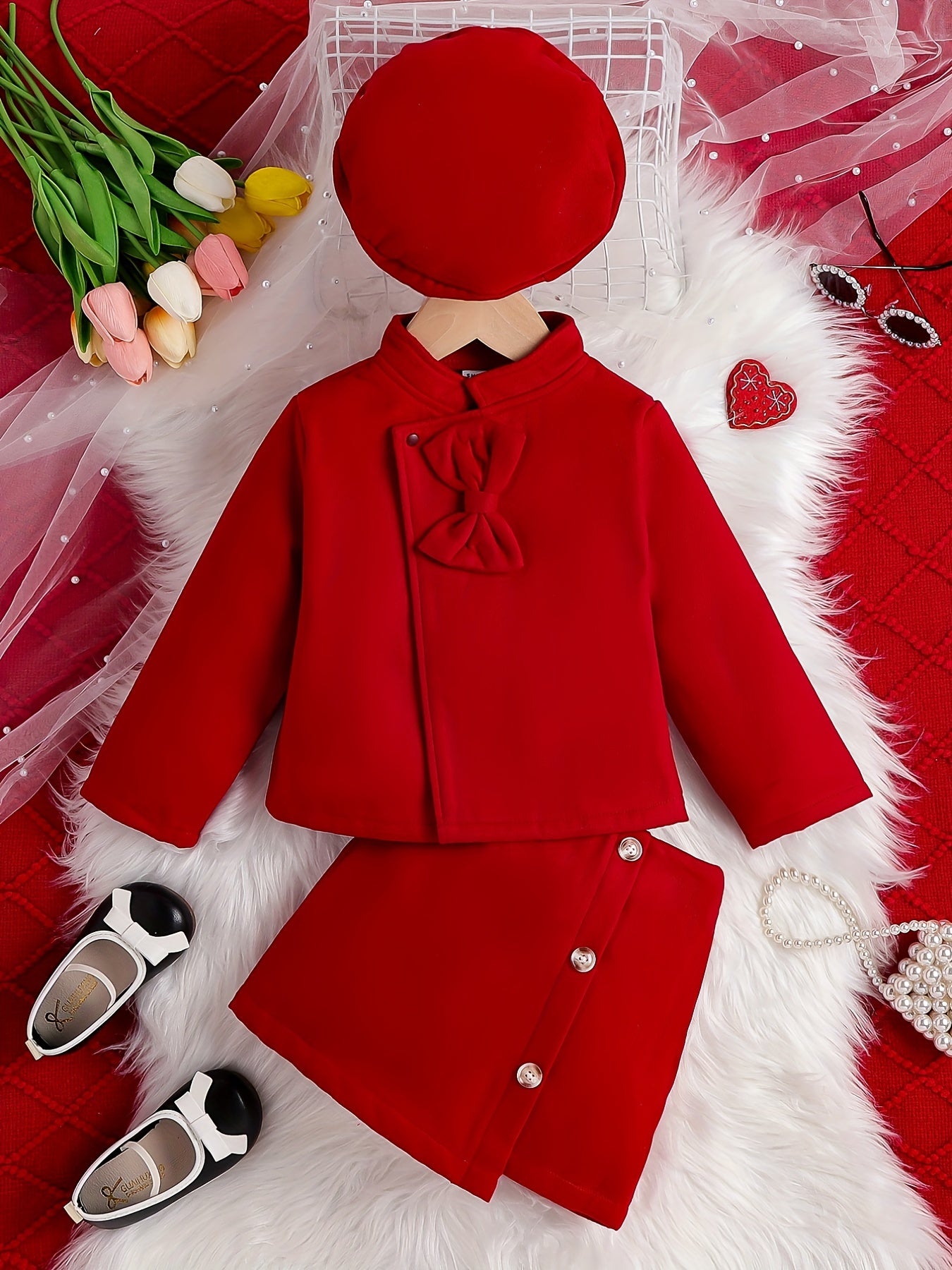 Girls 3pcs Bowknot Coat & Beret & Skirt Set Solid Outfits Kids Clothes