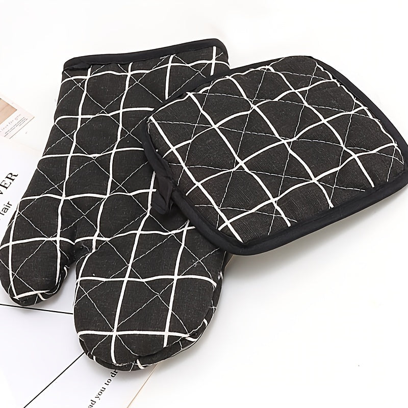 Plaid Pattern Kitchen Baking Gloves Set with Heat Insulation Mat
