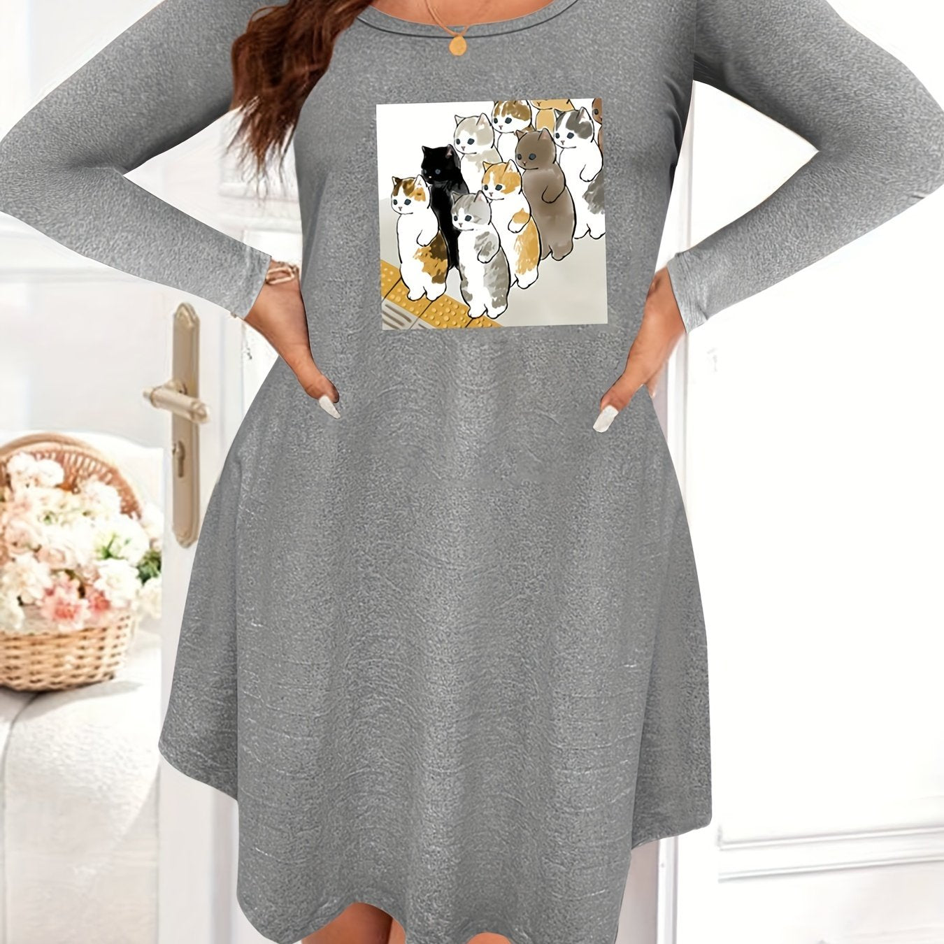 Cat Print Long Sleeve Casual Nightdress