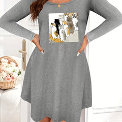 Cat Print Long Sleeve Casual Nightdress