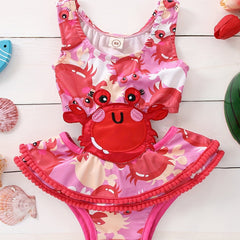 Cartoon Crab Print Girls One Piece Swimsuit