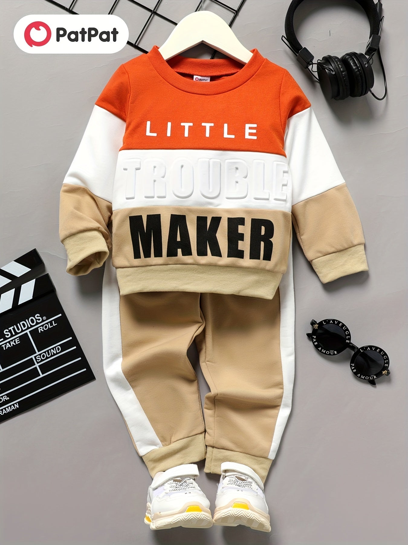 Boy 2pcs Sweatshirt & Pants LITTLE TROUBLE MAKER Print Crew Neck Long Sleeve