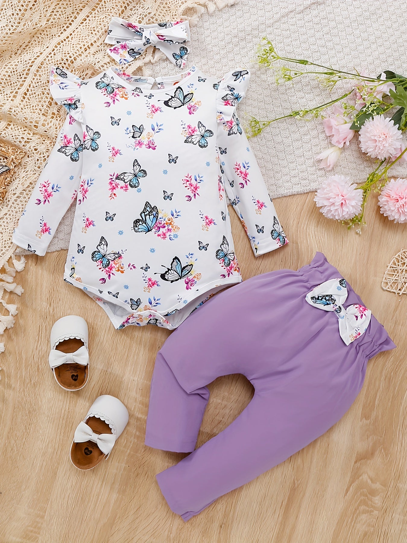 Baby Girl Floral Romper & Pants Set with Headband