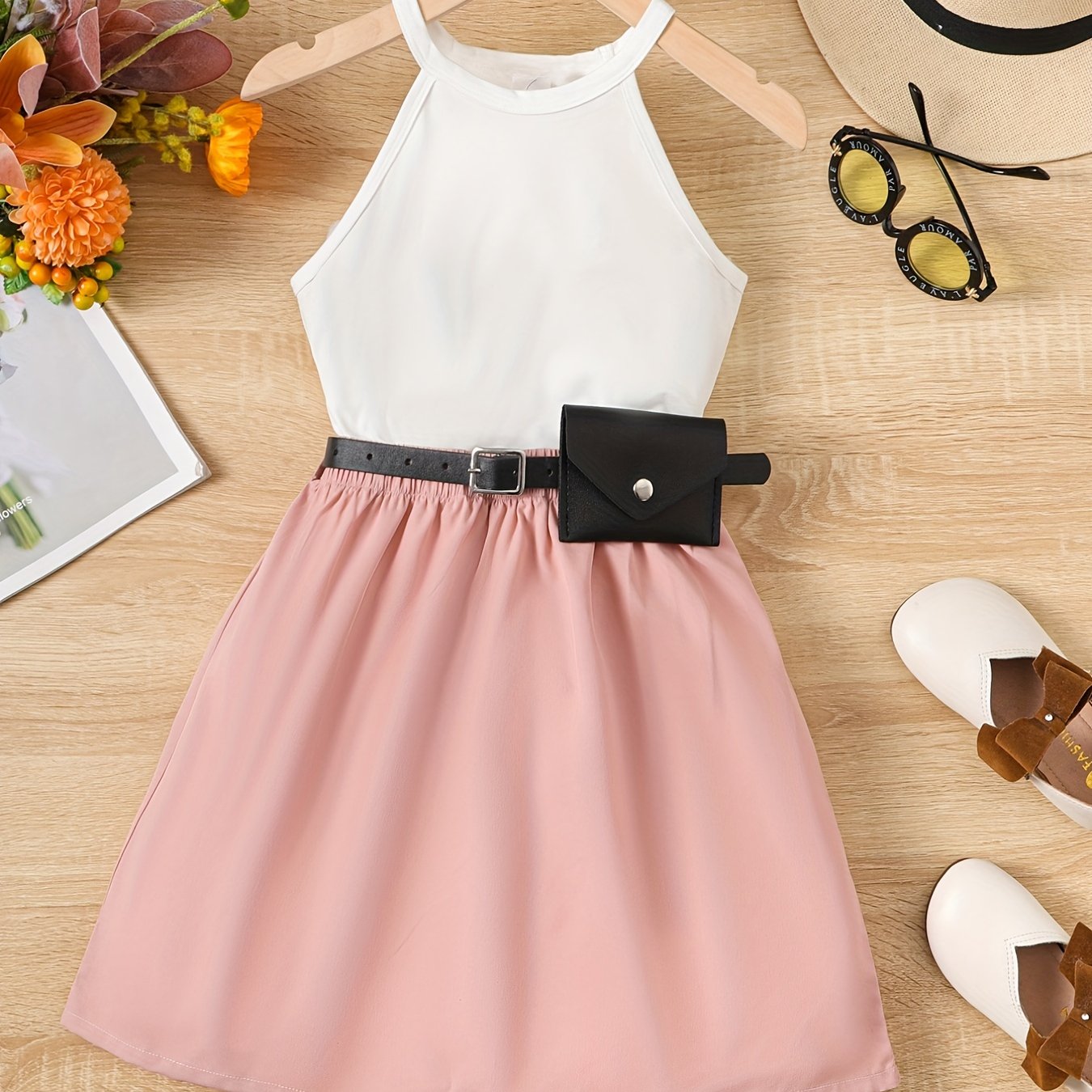 3pcs Girls Cami Top & Skirt Set with Waist Bag
