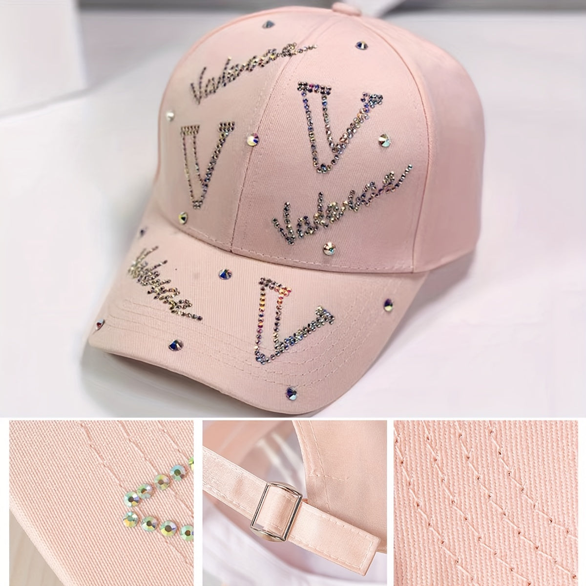 Pink Rhinestone V Decor Baseball Cap Adjustable Dad Hat