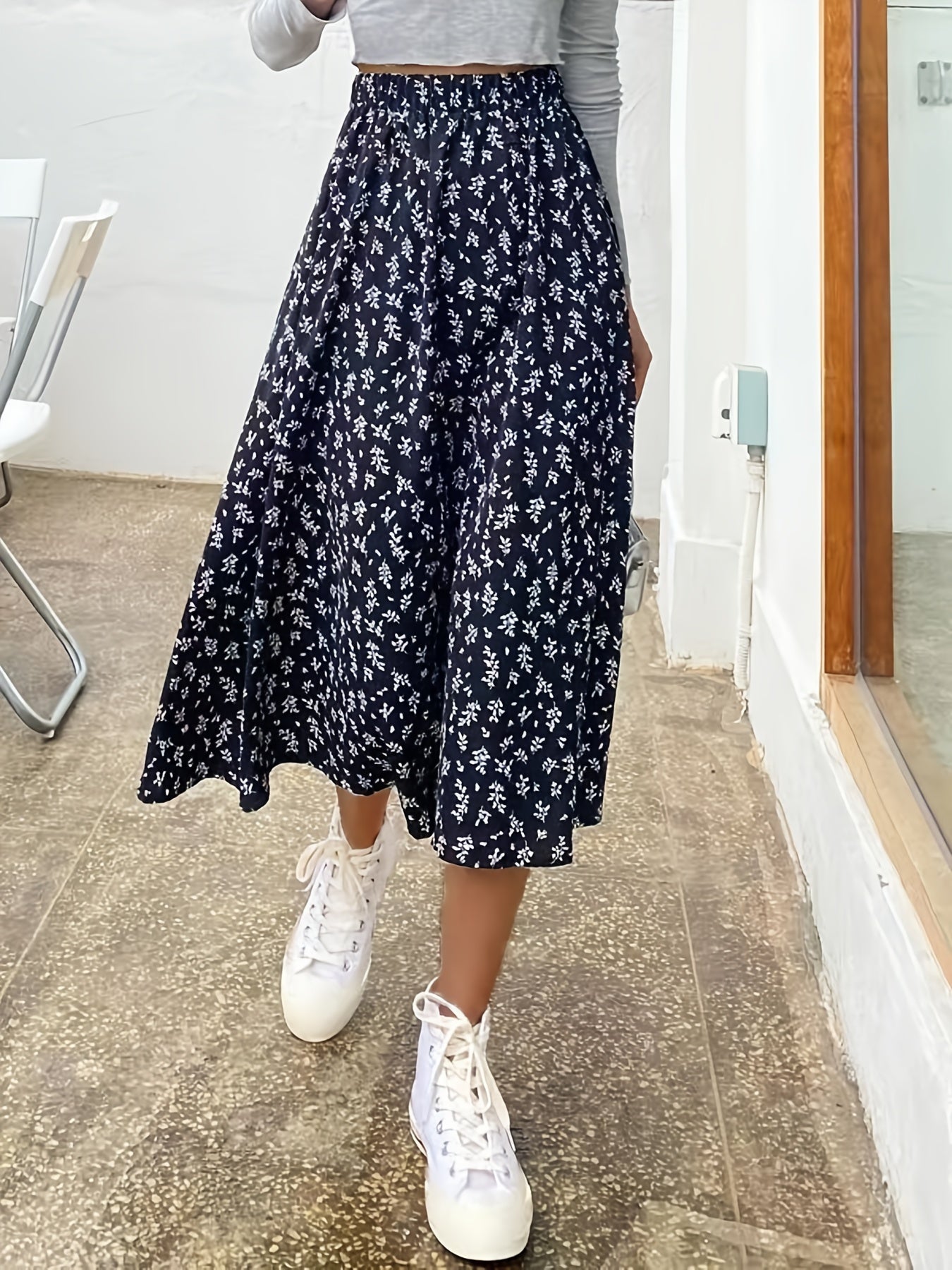 Floral Print High Waist Midi Skirt for Women