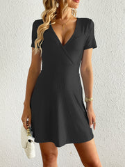 Solid V Neck Short Sleeve Dress for Women