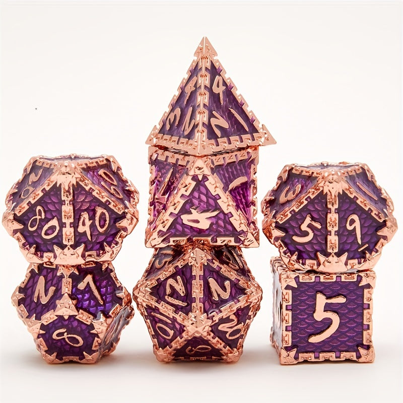 Dragon Scale Metal Dice Set 7-Piece Gift Set Rose Golden Purple