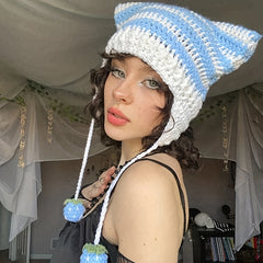 Y2K Stripe Crochet Beanie Cap Hip Hop Monster Cat Ears Knit Hat