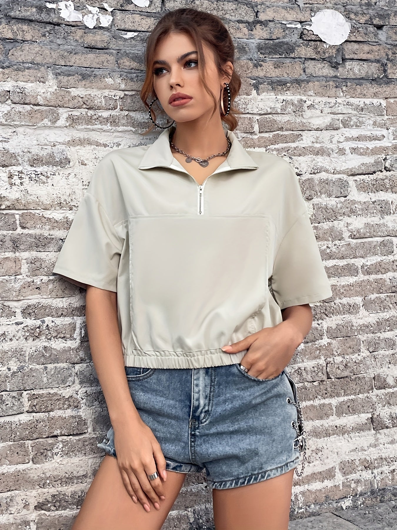 Solid Stand Collar Short Sleeve Jacket