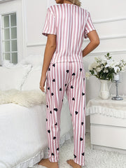 Heart Print Pajama Set Short Sleeve Top & Elastic Waistband Pants