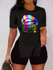 Casual Lip Print Short Sleeve T-shirt & Skinny Shorts Set