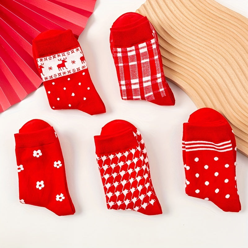 5 Pairs Christmas Graphic Print Mid Tube Women's Socks