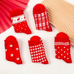 5 Pairs Christmas Graphic Print Mid Tube Women's Socks