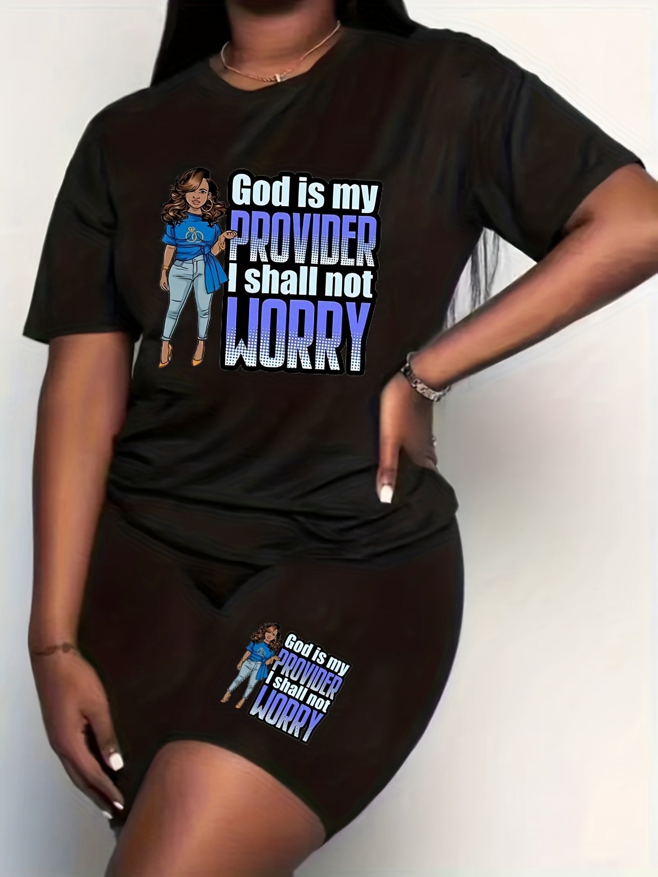 2 Piece Set Women's Plus Slogan & Cartoon Print Top & Shorts Set