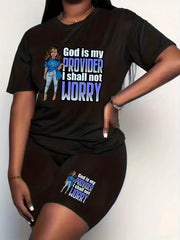 2 Piece Set Women's Plus Slogan & Cartoon Print Top & Shorts Set