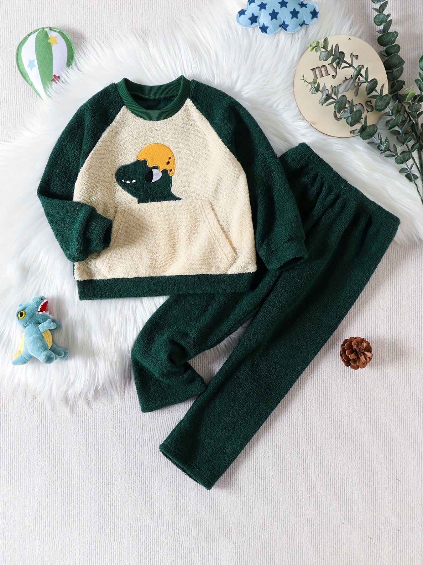 Kids Coral Fleece Pajamas Set Cartoon Animal Patched Loungewear