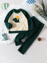 Kids Coral Fleece Pajamas Set Cartoon Animal Patched Loungewear