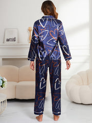 Heart Print Pajama Set Long Sleeve Buttons Top & Elastic Waistband Pants