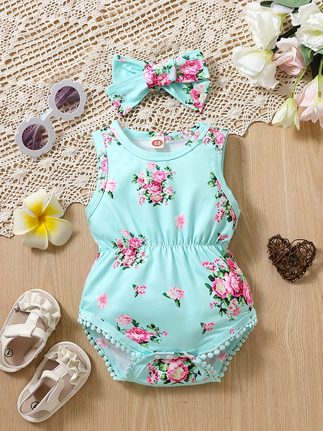 2pcs Baby Girls Floral Onesie Romper & Headband Set