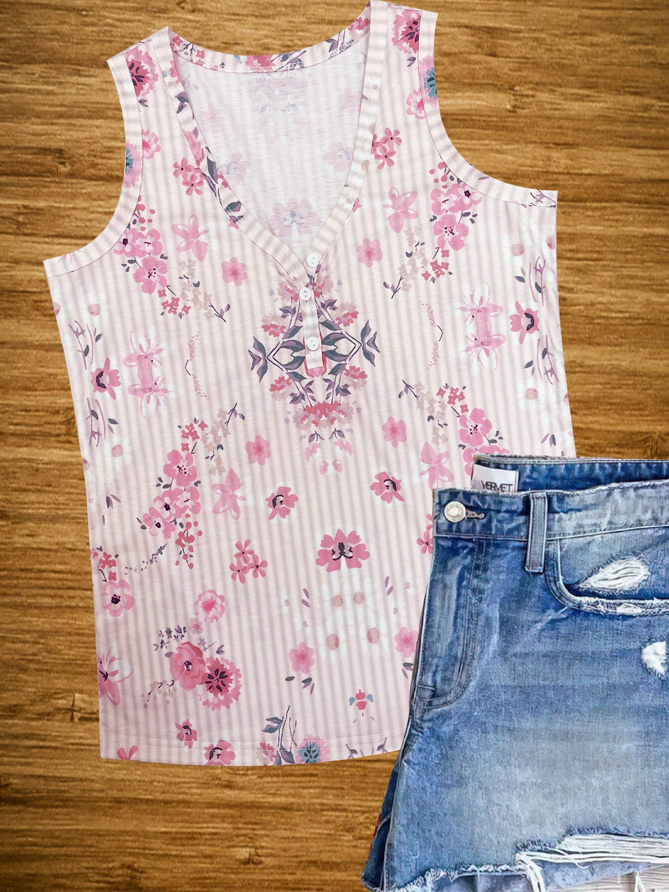 Floral Print V Neck Tank Top Casual Sleeveless Tank Top