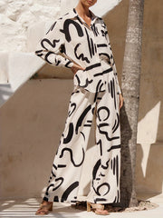 Allover Print Two piece Long Sleeve Shirt & Wide Leg Pants Set