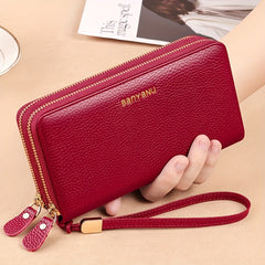 Leather Women'S Wallet with Double Zipper Wrist Strap in Brown and Dark Gray