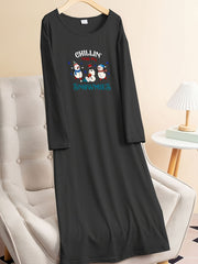 Christmas Lounge Dress Cartoon Snowman Graphic Long Sleeve
