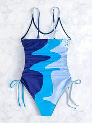 Colorblock Round Neck Lace-Up One Piece Swimsuit Plus Size