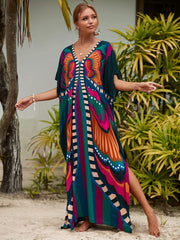Butterfly Print Kaftan Cover Up Dress V Neck Loose Fit Short Sleeves