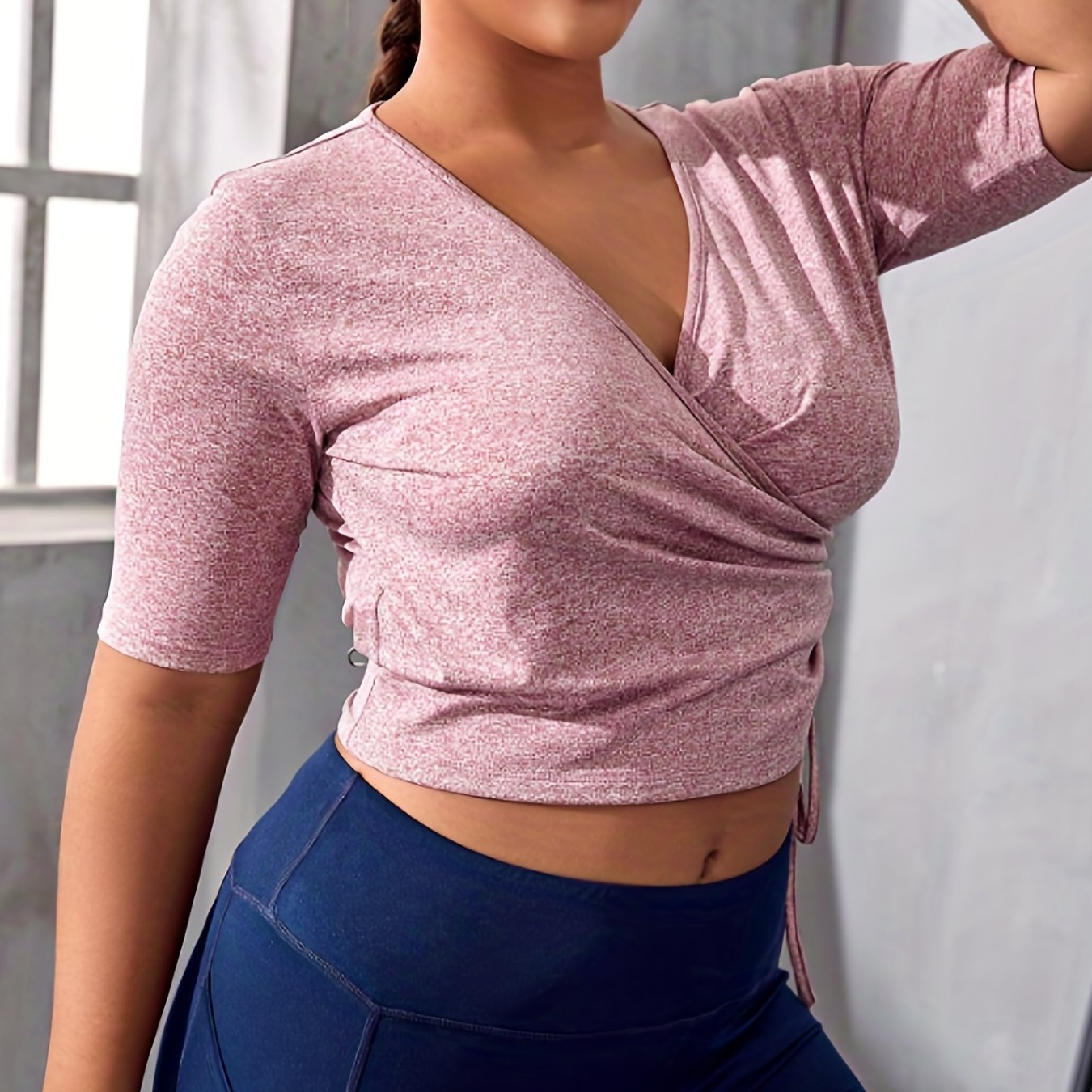 Heathered Drawstring Short Sleeve Sports Crop Top
