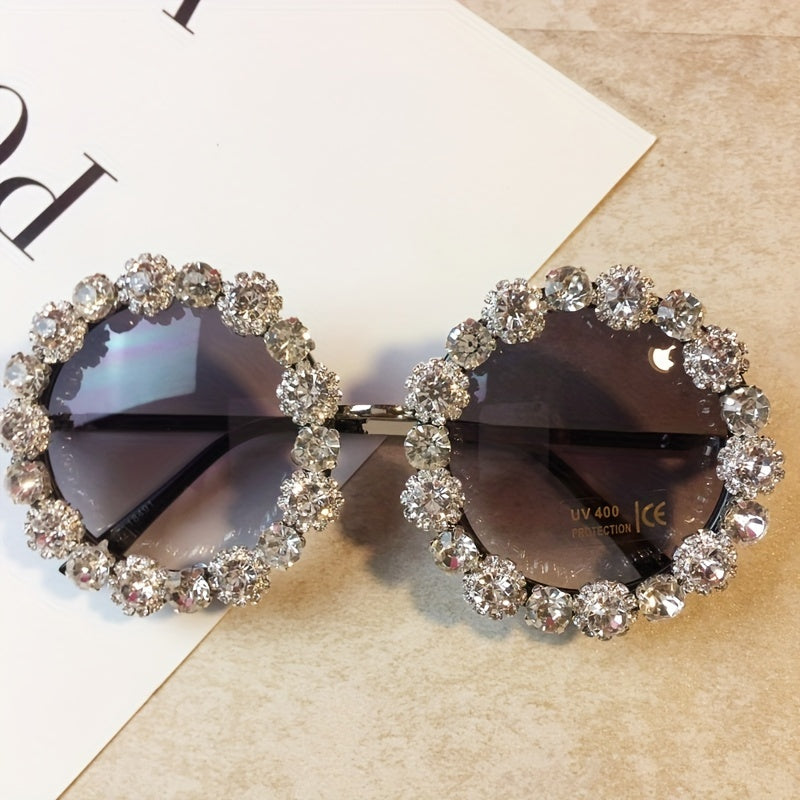 Rhinestone Round Frame Sunglasses Gradient Lens UV400