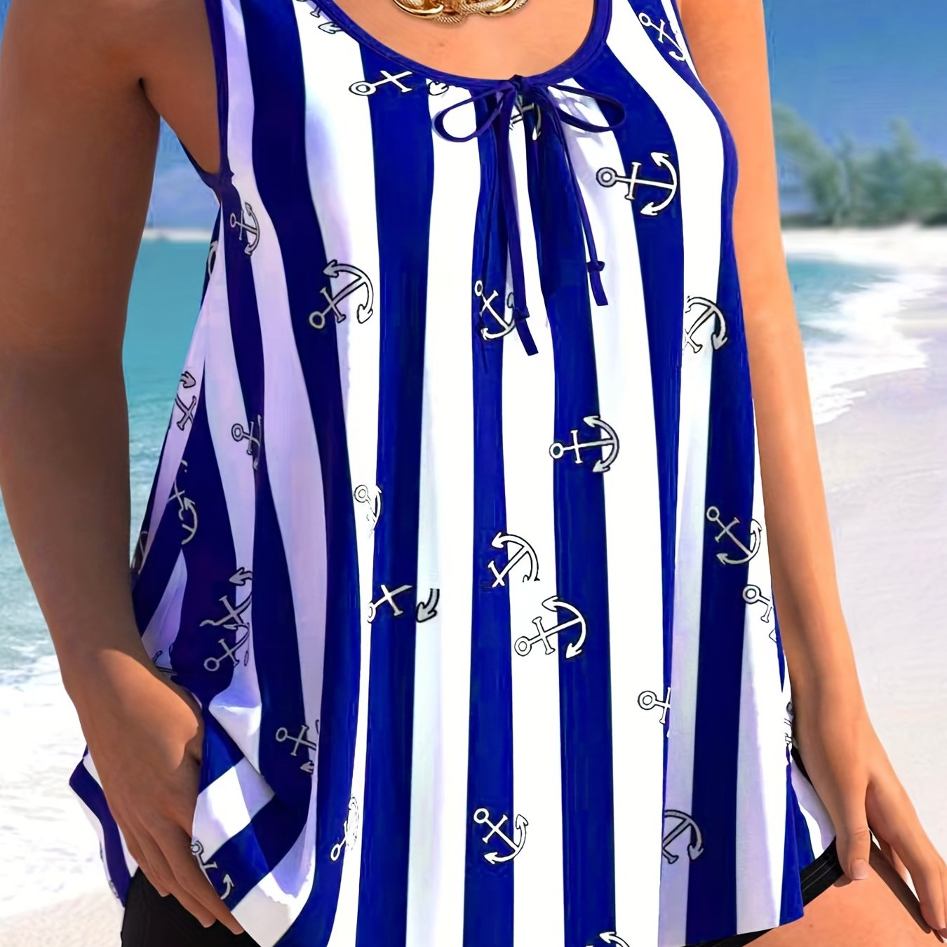 Striped Print Casual Tankini Sets Round Neck Boxer Short Bottom Swimsuit