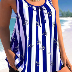 Striped Print Casual Tankini Sets Round Neck Boxer Short Bottom Swimsuit