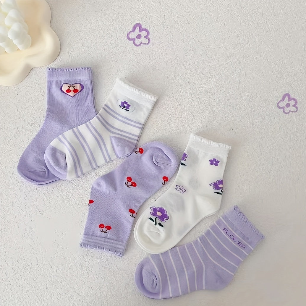 5 Pairs Girls Kids Cartoon Socks Breathable Comfy Children's Socks