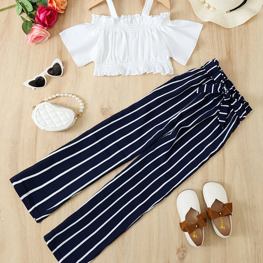 2pcs Toddler Girls Cold Shoulder Crop Tops & Pants Set